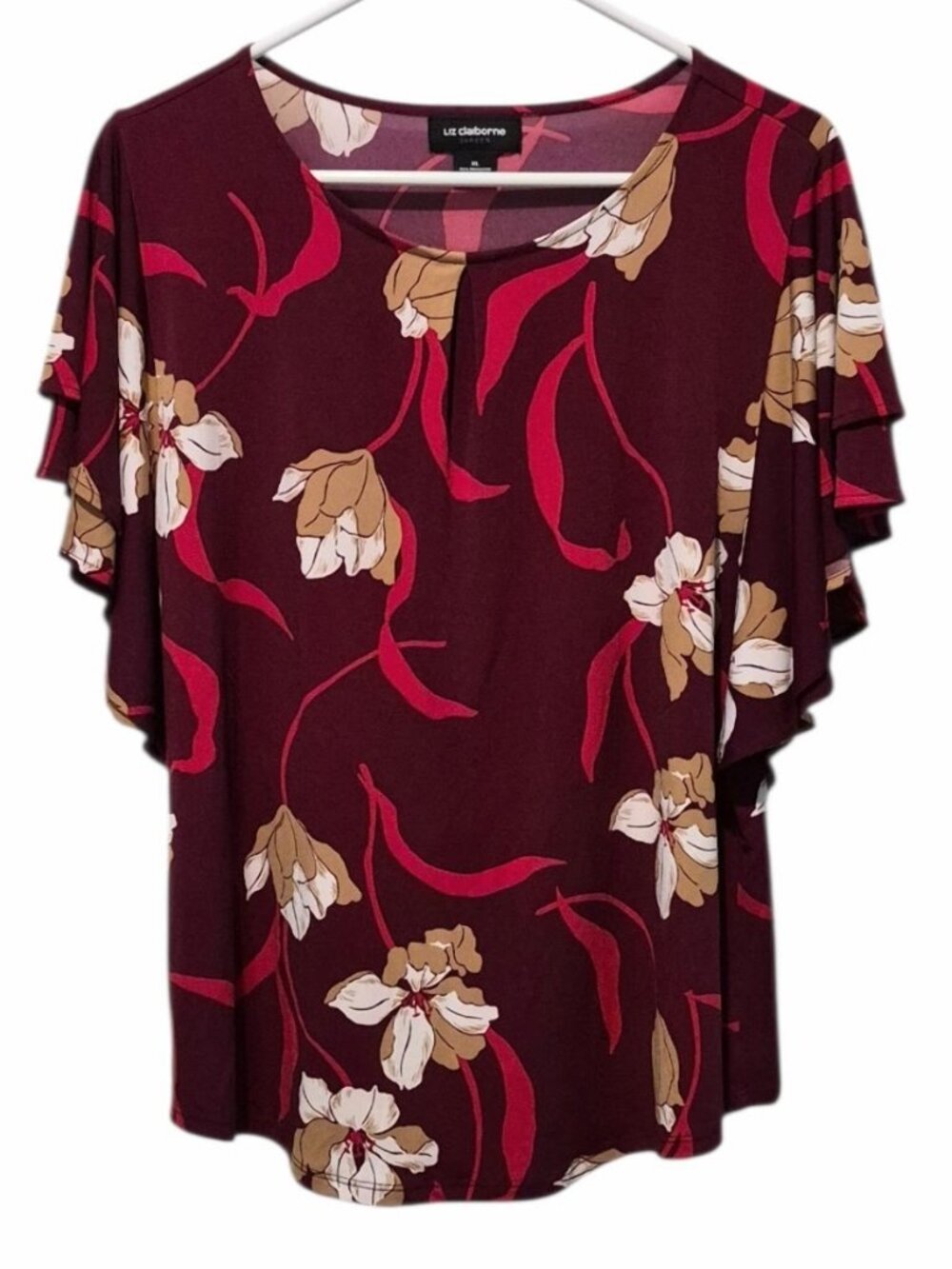 Liz Claiborne Career Women's Burgundy Floral Layered Sleeve Blouse Size XL